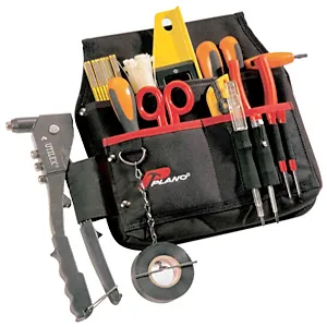 An electrician's tool pouch with screwdrivers, pliers, tape and a rivet gun
